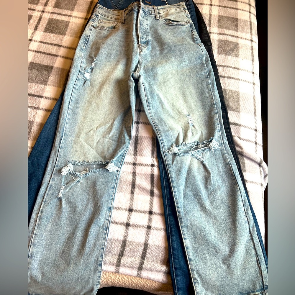 Blue wash denim jeans.